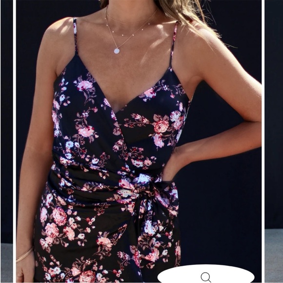 VICI Satin Floral Wrap Midi Dress - Black Floral - Picture 3 of 7